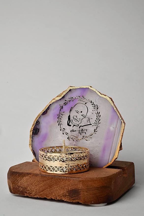 Round Shape Guruji Design Semi Precious Agate Tea Light Candle With Wooden Stand, Gifting Best Wishes Diya Set/Diwali Gift/Return Gift/Home Decoration
