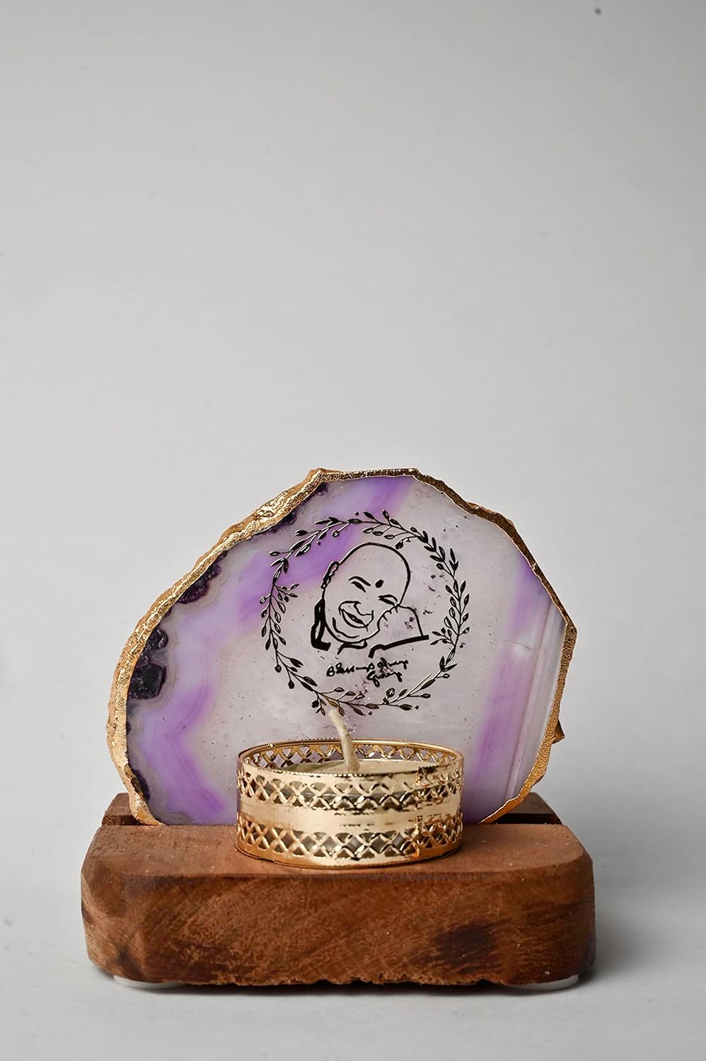 Round Shape Guruji Design Semi Precious Agate Tea Light Candle With Wooden Stand, Gifting Best Wishes Diya Set/Diwali Gift/Return Gift/Home Decoration