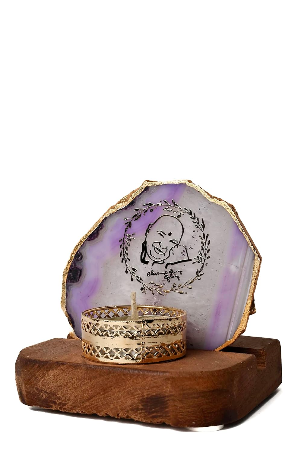 Round Shape Guruji Design Semi Precious Agate Tea Light Candle With Wooden Stand, Gifting Best Wishes Diya Set/Diwali Gift/Return Gift/Home Decoration