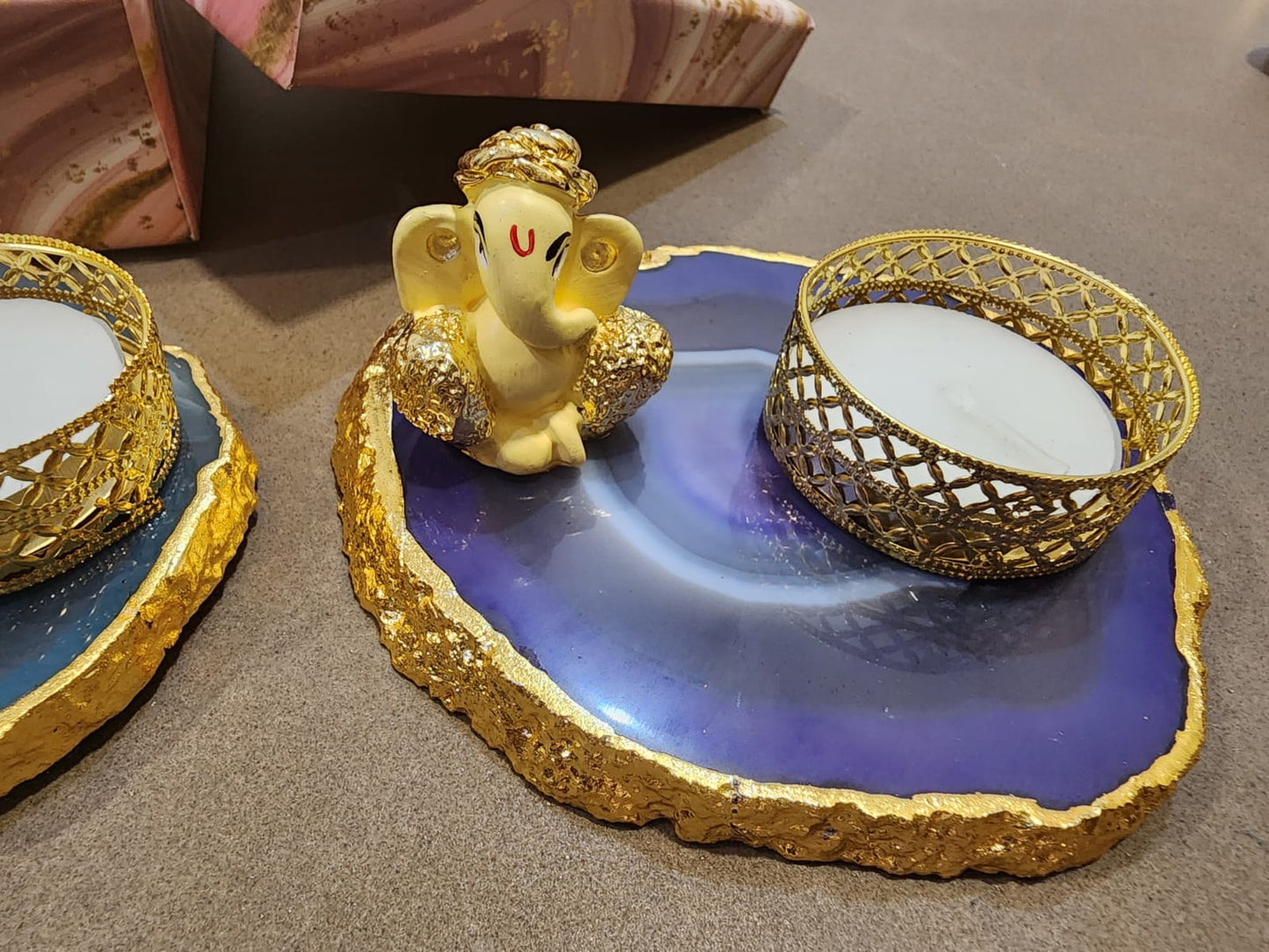 Ganesh Ji with a tea light holder on Natural Agate Stone