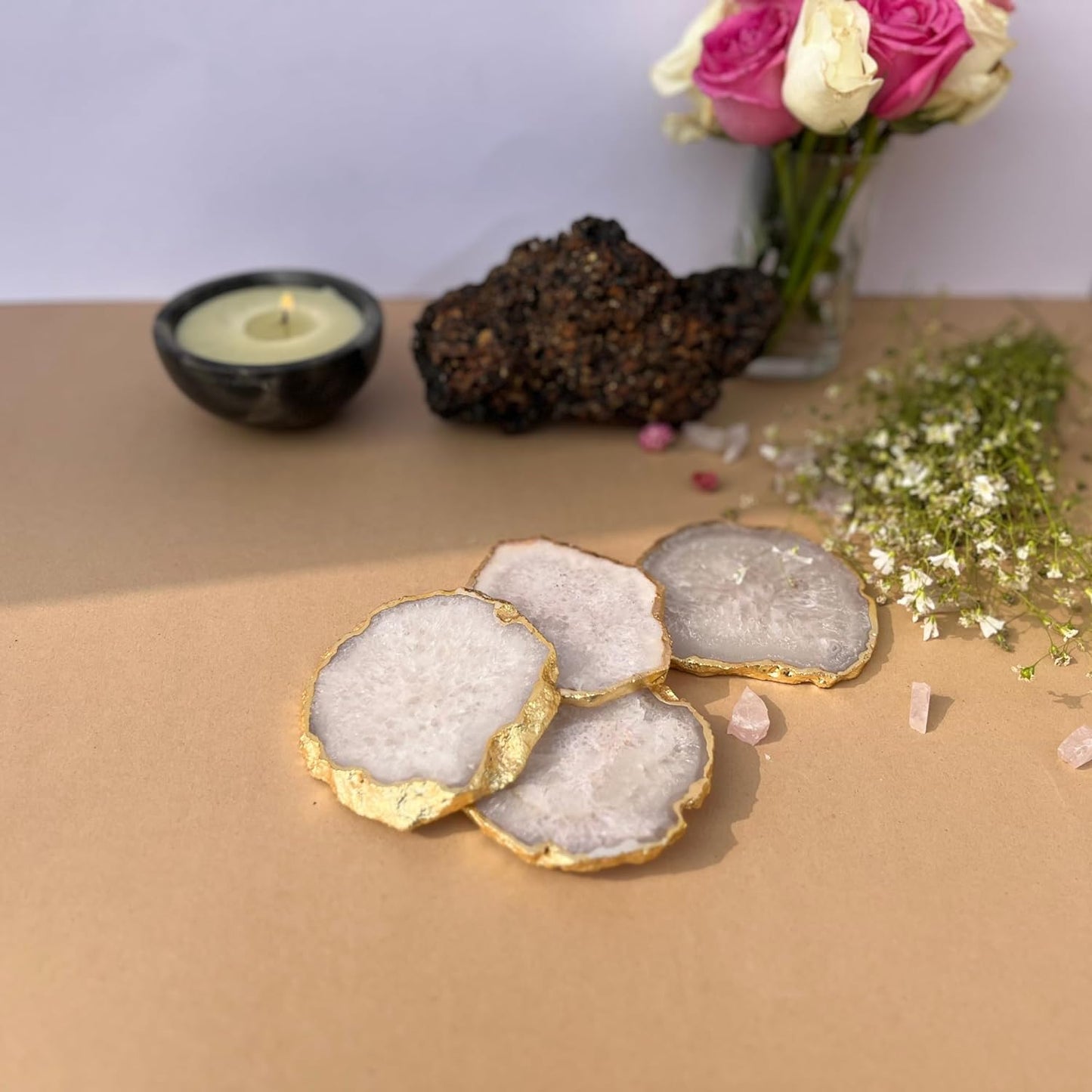 Agate Stone Coasters Gold Platted Set of 4 for Home Table Decor and Housewarming Gift
