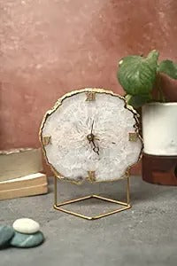 Dazzling Natural Agate Stone Desktop Clock large size with metal stand, ideal for home, office and gifting, Home Decor | Table Decor | Housewarming Gift I Christmas Gift