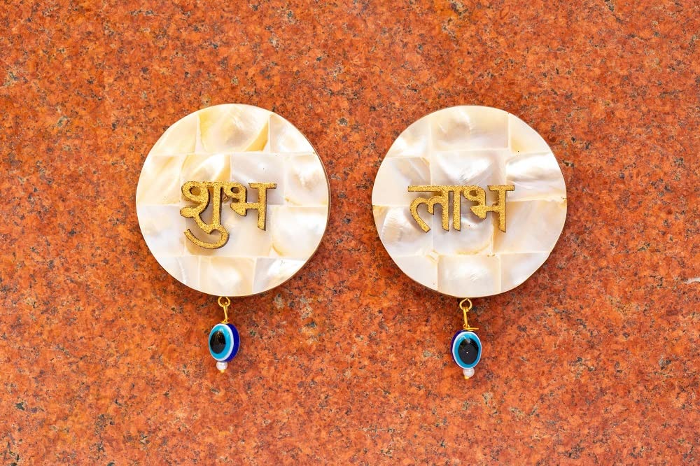 Mother of Pearl Unique Stone Shubh Laabh Door Toran/Door Latkan | Evil Eye Shubh Laabh Door Hanging Bandarwal for Home Mandir Diwali Decor Toran (Set of 2)