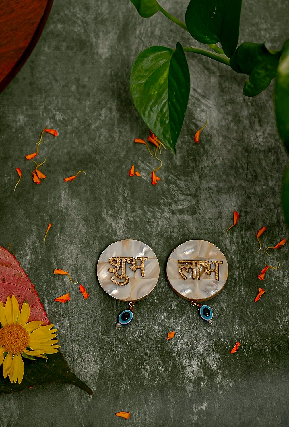 Mother of Pearl Unique Stone Shubh Laabh Door Toran/Door Latkan | Evil Eye Shubh Laabh Door Hanging Bandarwal for Home Mandir Diwali Decor Toran (Set of 2)