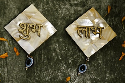 Mother of Pearl Unique Stone Shubh Laabh Door Toran/Door Latkan | Evil Eye Shubh Laabh Door Hanging Bandarwal for Home Mandir Diwali Decor Toran (Set of 2)