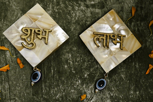 Mother of Pearl Unique Stone Shubh Laabh Door Toran/Door Latkan | Evil Eye Shubh Laabh Door Hanging Bandarwal for Home Mandir Diwali Decor Toran (Set of 2)
