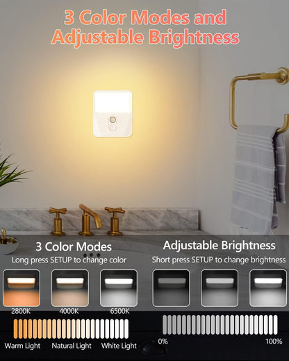 LED Night Lights, 3 Color Temperatures Motion Sensor Night Light, Rechargeable Battery Dimmable Night Light, Under Cabinet Lights, Wireless Wall Lights For Bedroom, Bathroom, Stairs, Hallway, 2 Packs