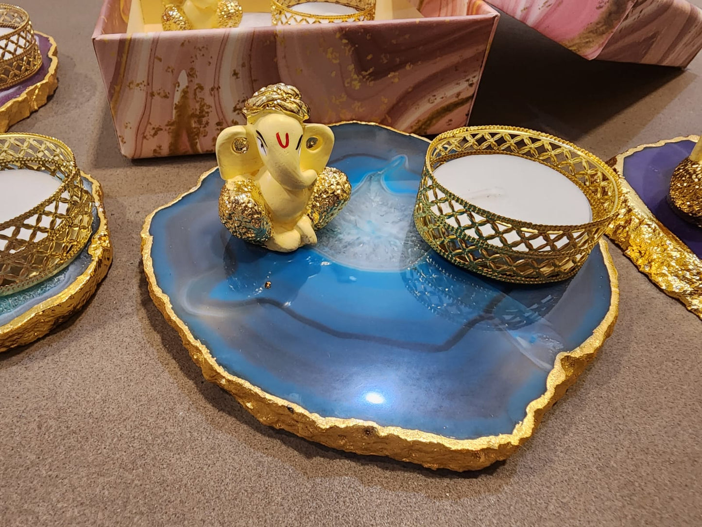 Ganesh Ji with a tea light holder on Natural Agate Stone