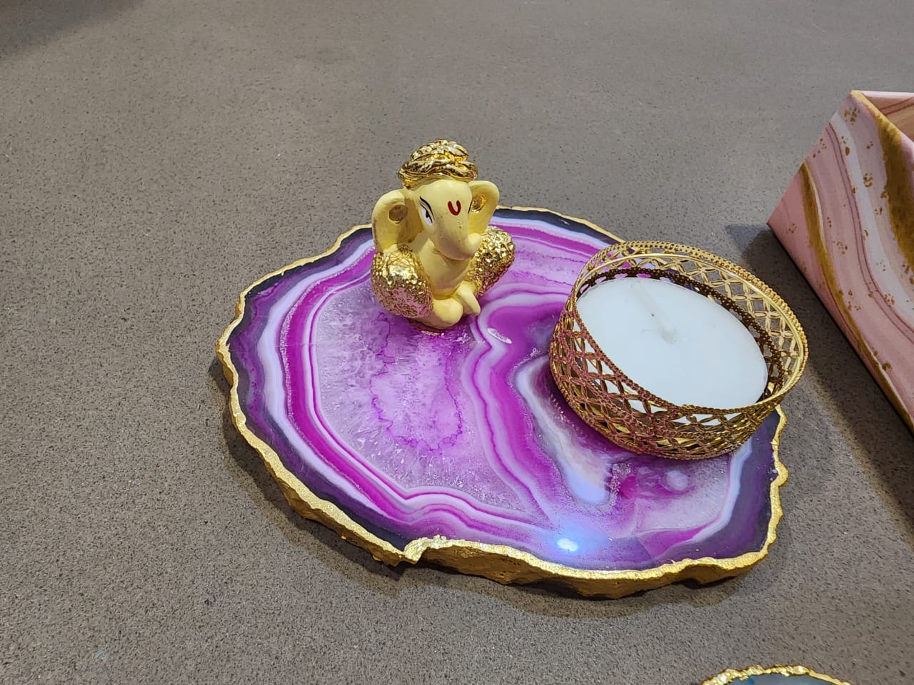 Ganesh Ji with a tea light holder on Natural Agate Stone