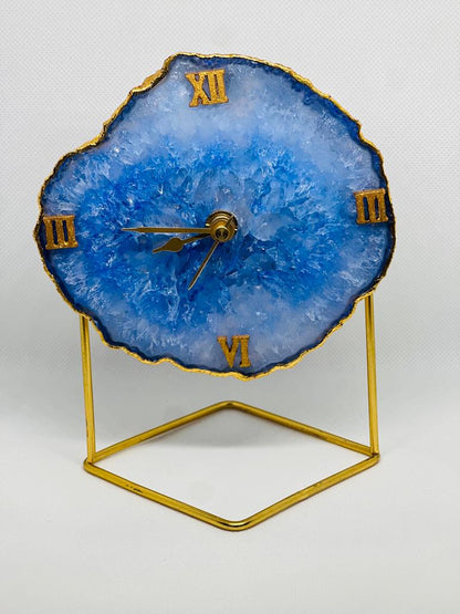 Dazzling Natural Agate Stone Desktop Clock large size with metal stand, ideal for home, office and gifting, Home Decor | Table Decor | Housewarming Gift I Christmas Gift