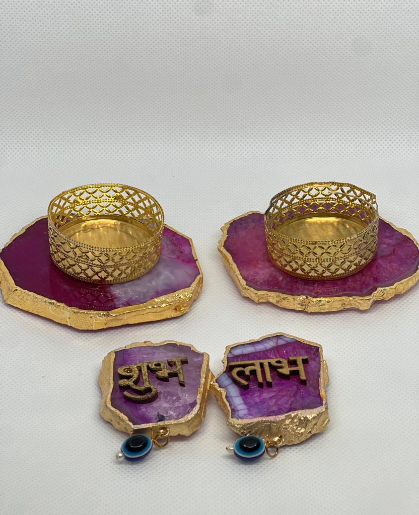 Agate tea light Holder set of 2 with Shubh Labh 