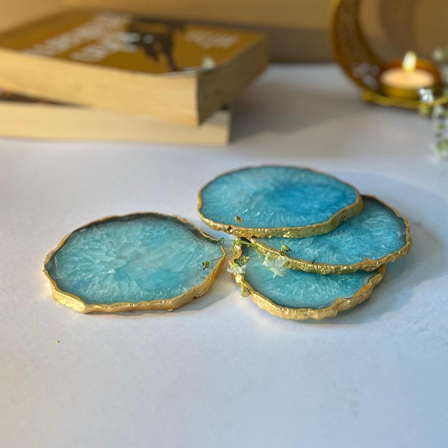 Agate Stone Coasters Gold Platted Set of 4 for Home Table Decor and Housewarming Gift