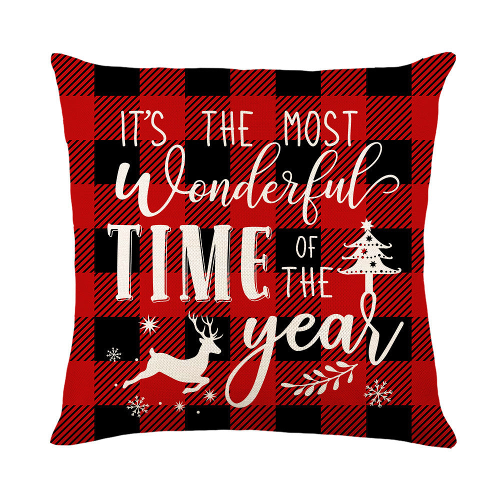 Christmas Red Black Plaid Linen Print Throw Pillow Cover