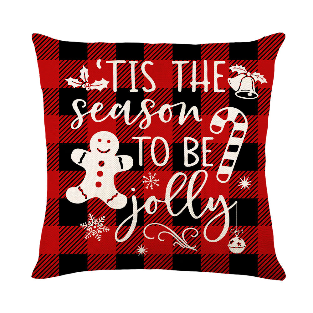 Christmas Red Black Plaid Linen Print Throw Pillow Cover