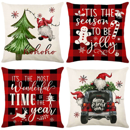 Christmas Red Black Plaid Linen Print Throw Pillow Cover